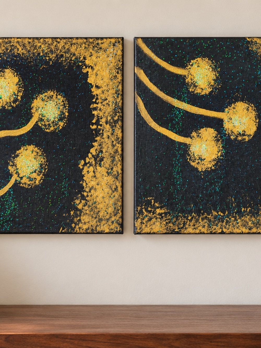 (2) Original Hand-Painted Canvas Art Black Gold Fluorescent Green 12x9